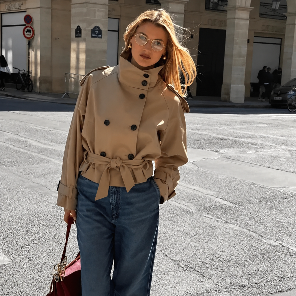 Women's belted double-breasted jacket with high collar and long sleeves