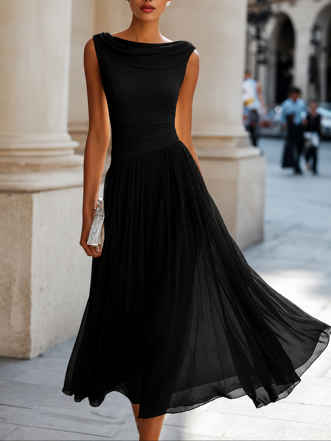 Women's sleeveless cowl neck midi dress with ruched waist and flowing pleated skirt
