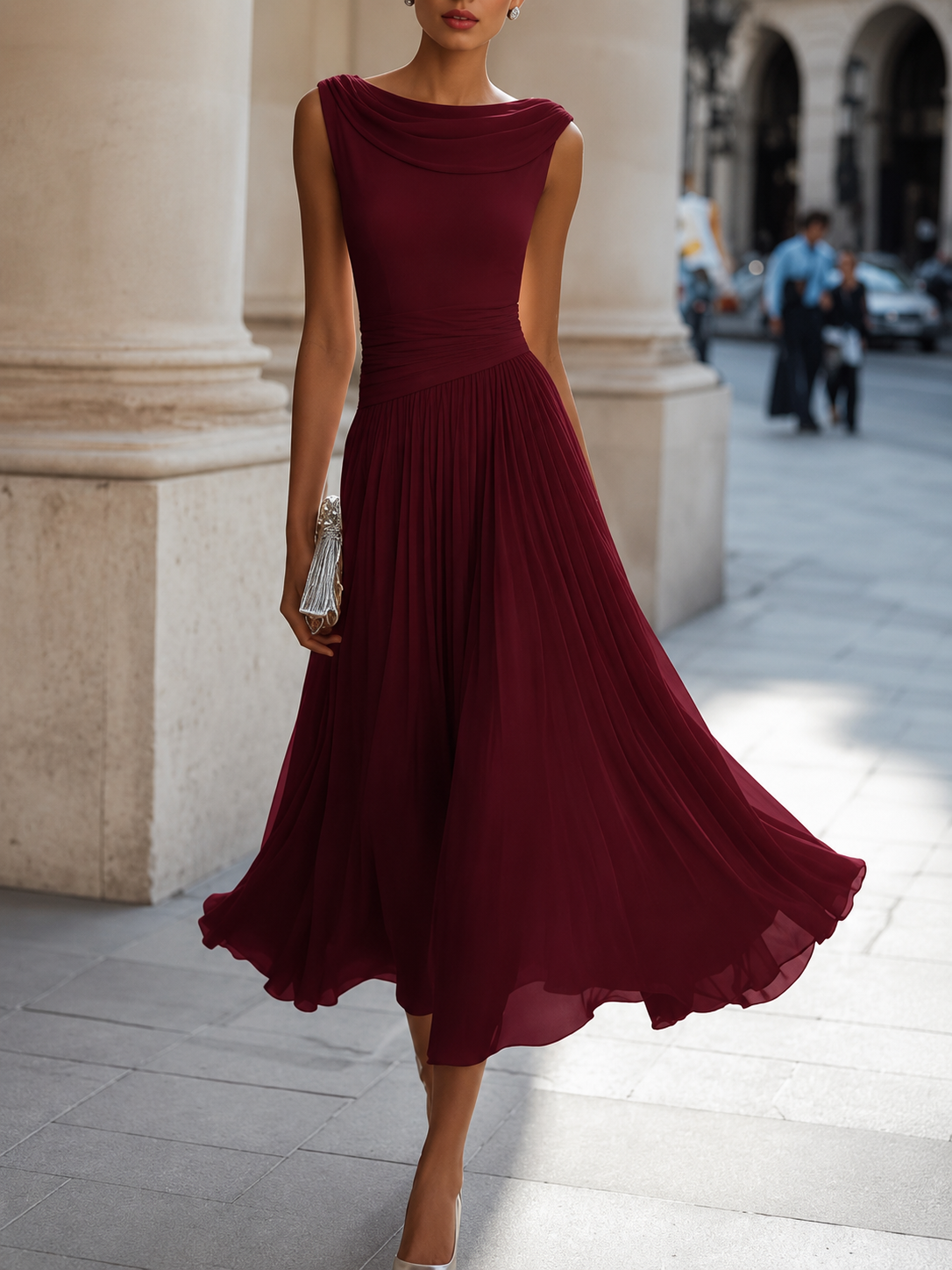 Women's sleeveless cowl neck midi dress with ruched waist and flowing pleated skirt