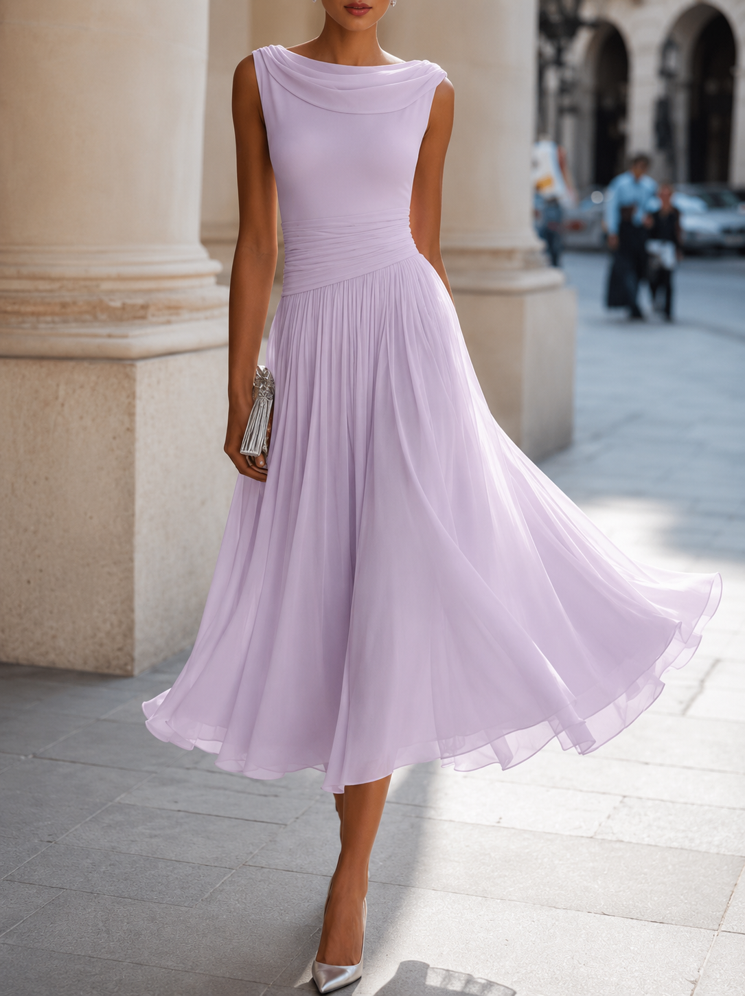Women's sleeveless cowl neck midi dress with ruched waist and flowing pleated skirt