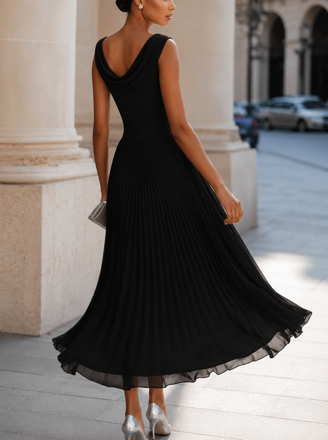 Women's sleeveless cowl neck midi dress with ruched waist and flowing pleated skirt