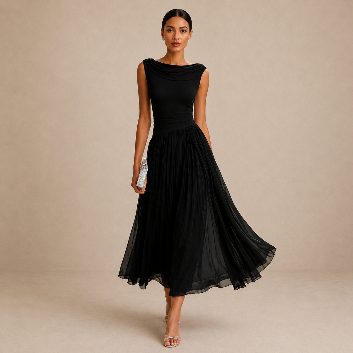 Women's sleeveless cowl neck midi dress with ruched waist and flowing pleated skirt