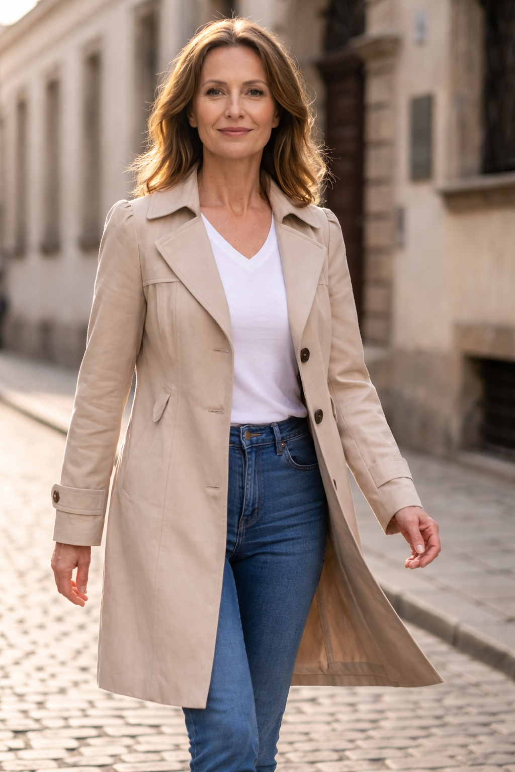 Women's vintage trench coat with notched lapels, long sleeves and button fastening