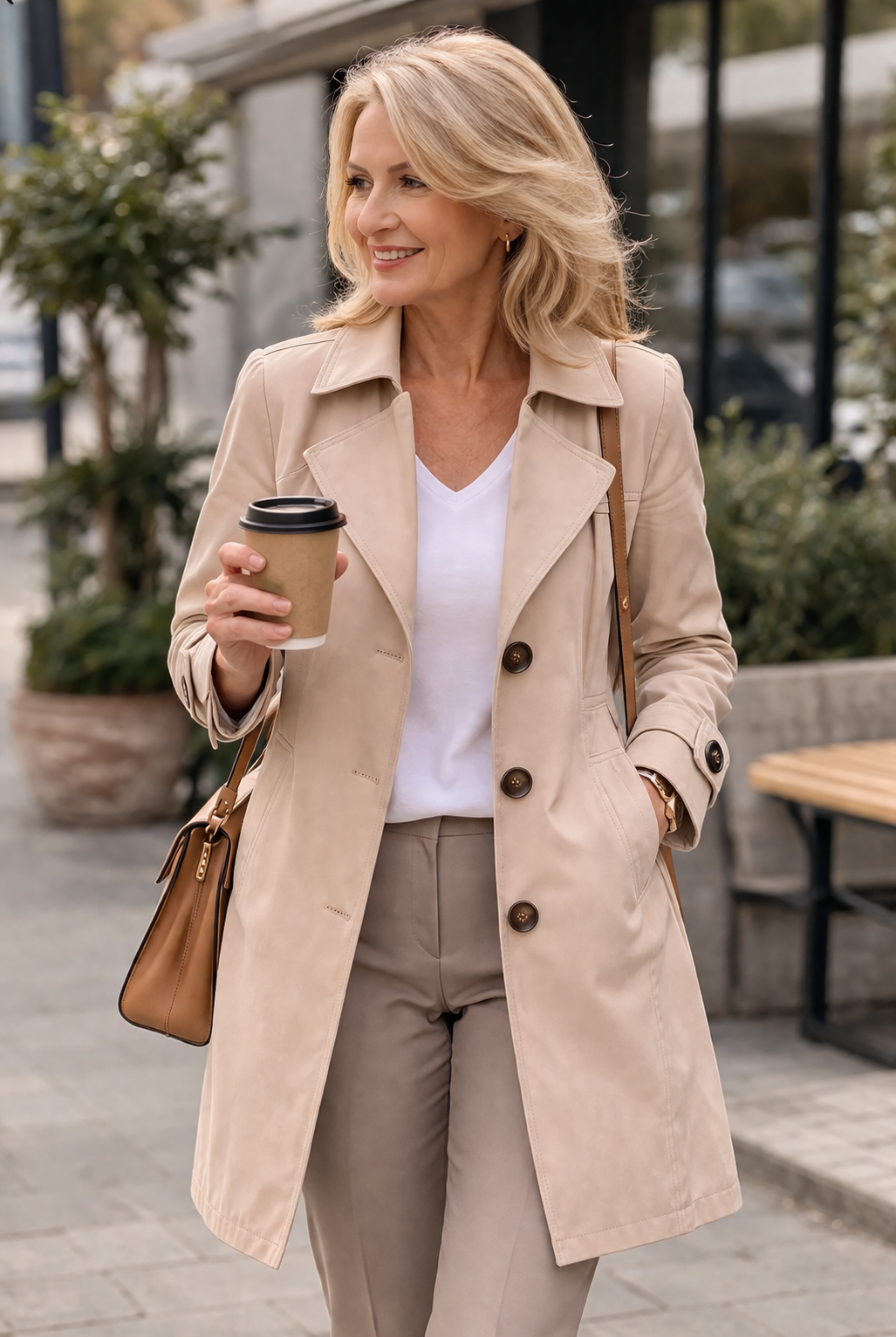 Women's vintage trench coat with notched lapels, long sleeves and button fastening