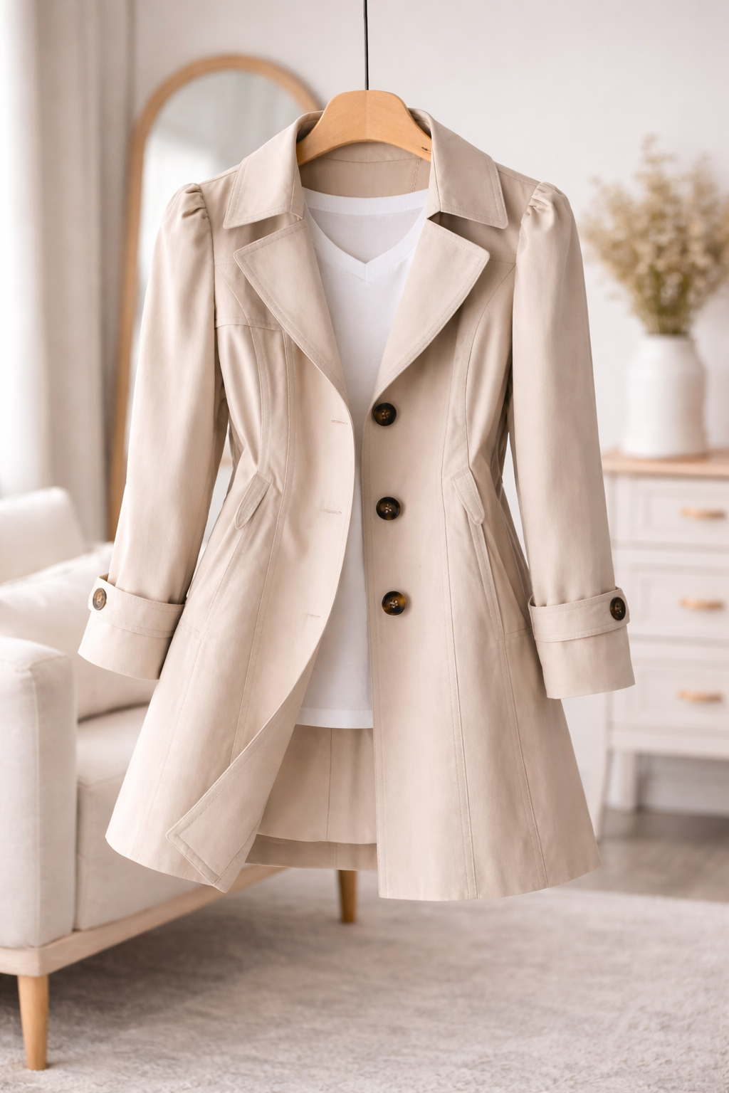 Women's vintage trench coat with notched lapels, long sleeves and button fastening