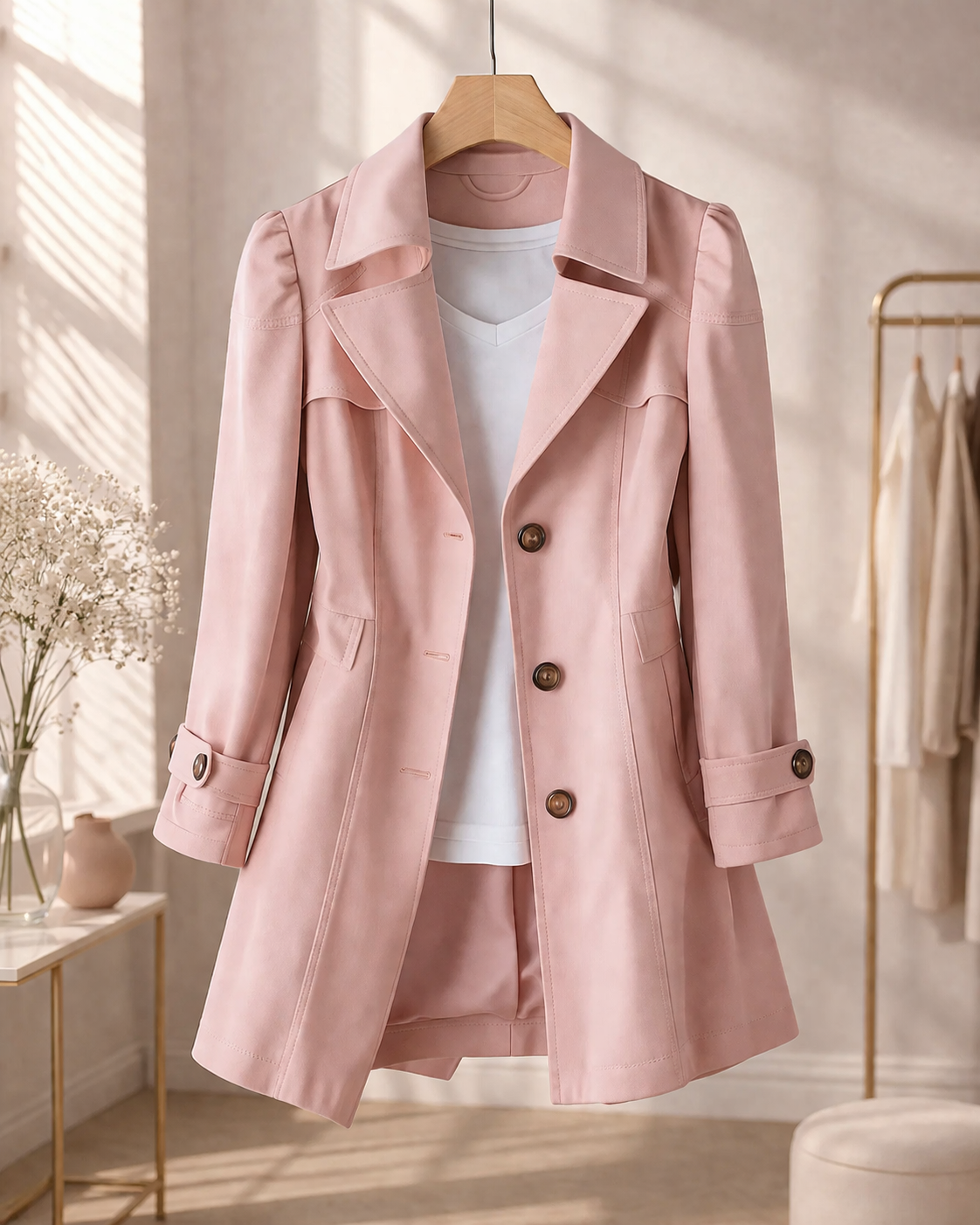 Women's vintage trench coat with notched lapels, long sleeves and button fastening