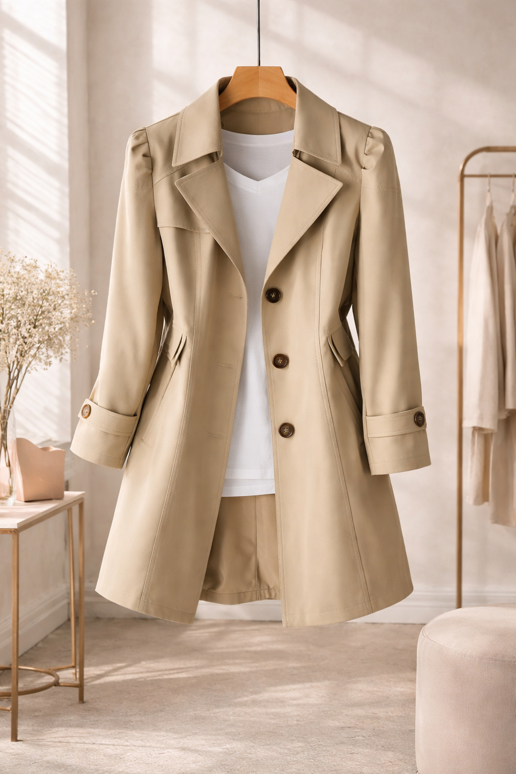 Women's vintage trench coat with notched lapels, long sleeves and button fastening