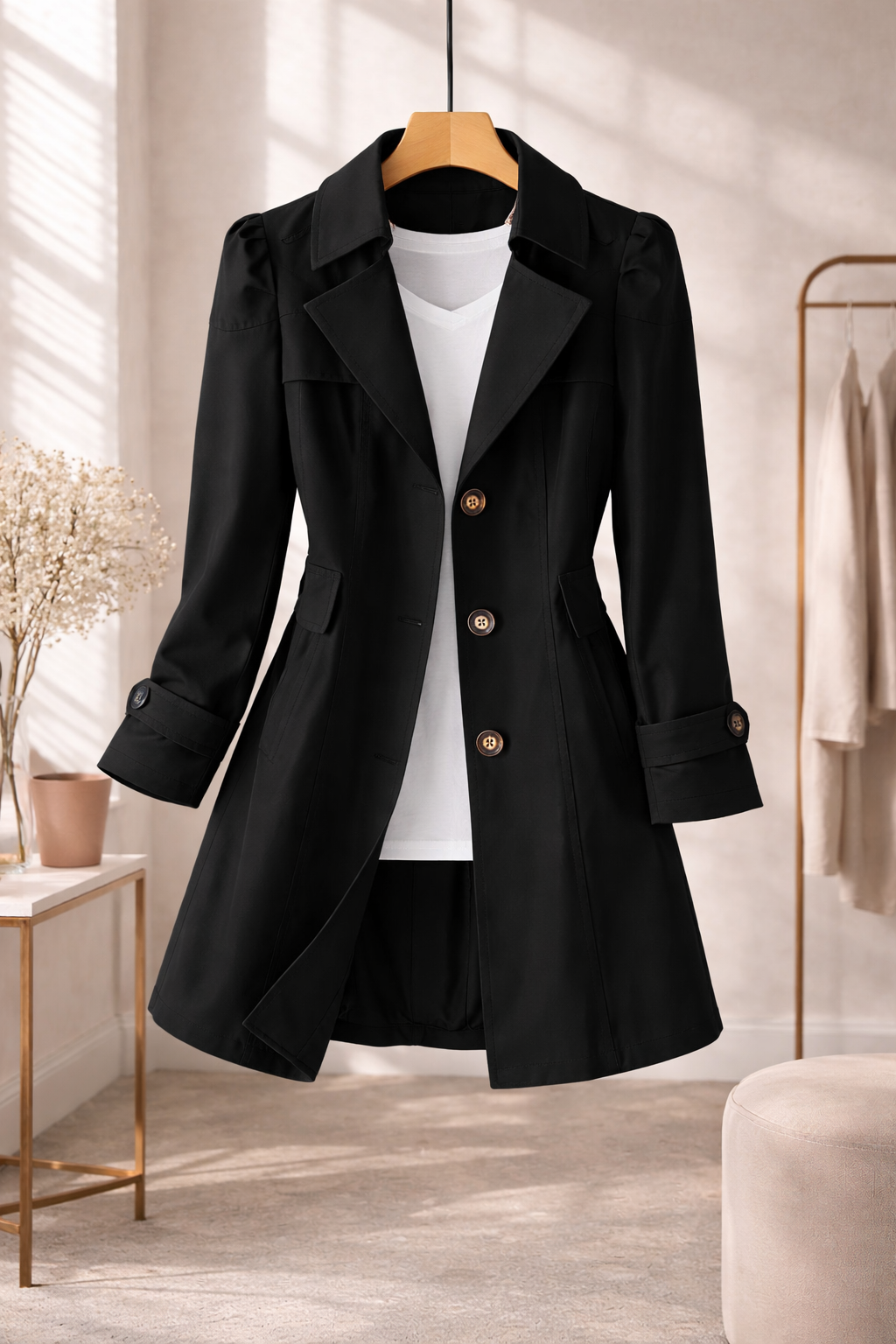 Women's vintage trench coat with notched lapels, long sleeves and button fastening