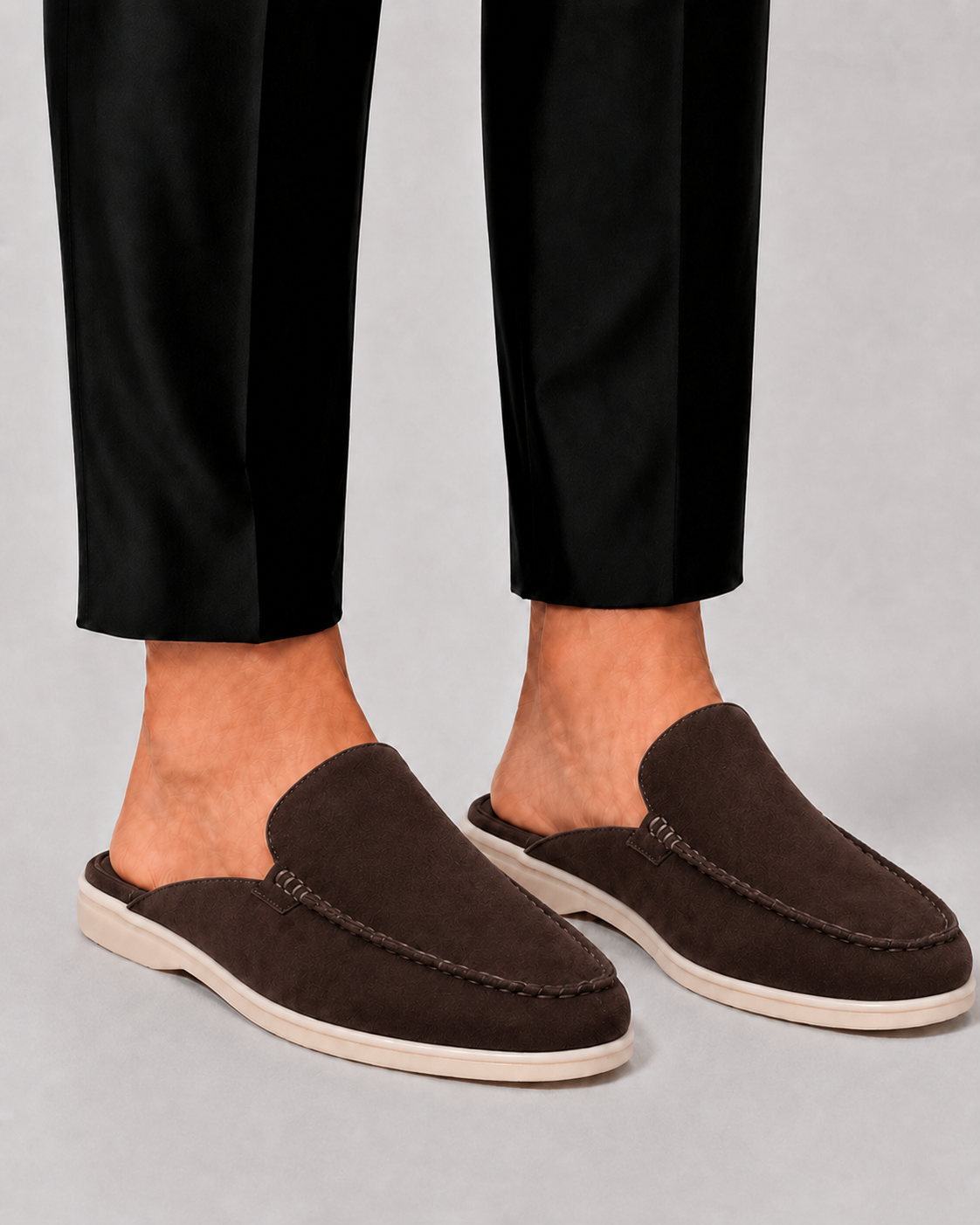 Men's open-heel loafer mules with rounded moc toes and stitched trim
