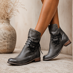Women's lace-up ankle boots with studded cuffs, low heels and robust soles