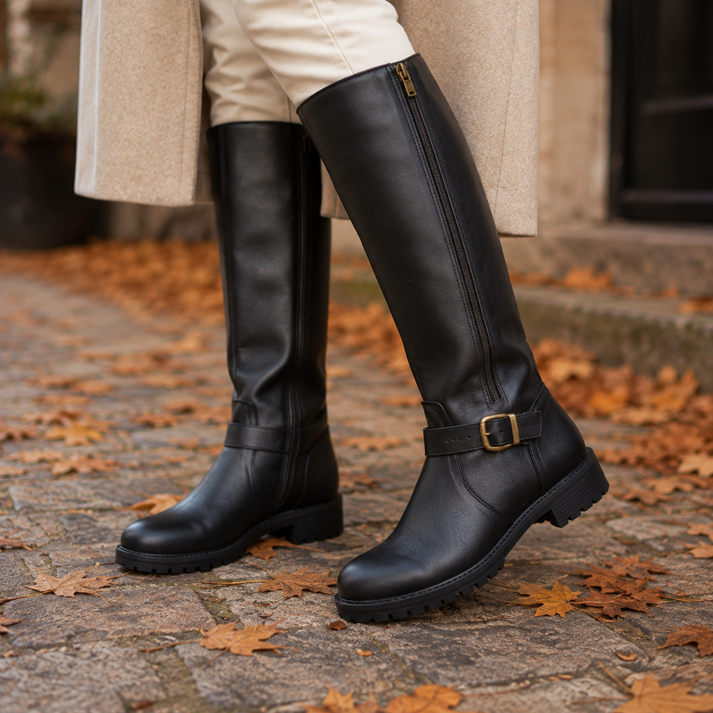 Women's knee high boots with side zips, buckle straps and low block heels