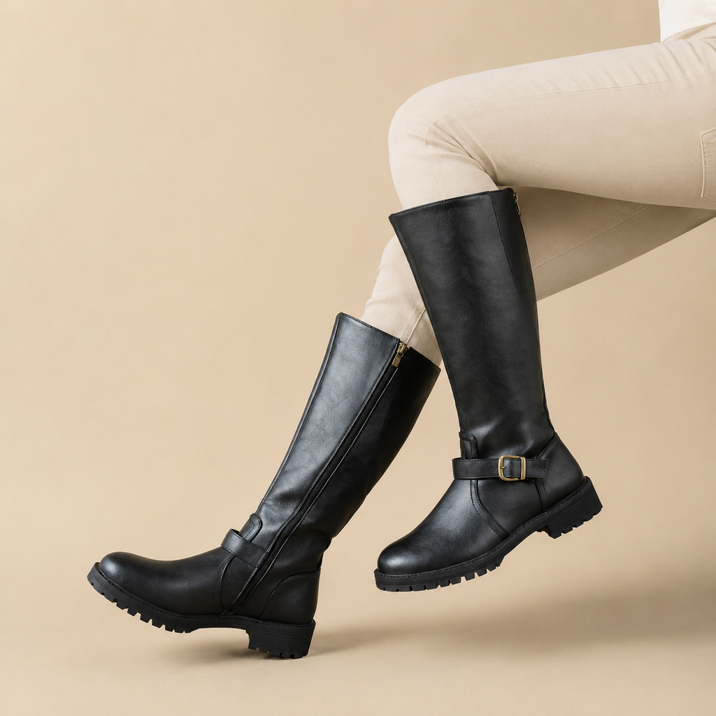 Women's knee high boots with side zips, buckle straps and low block heels