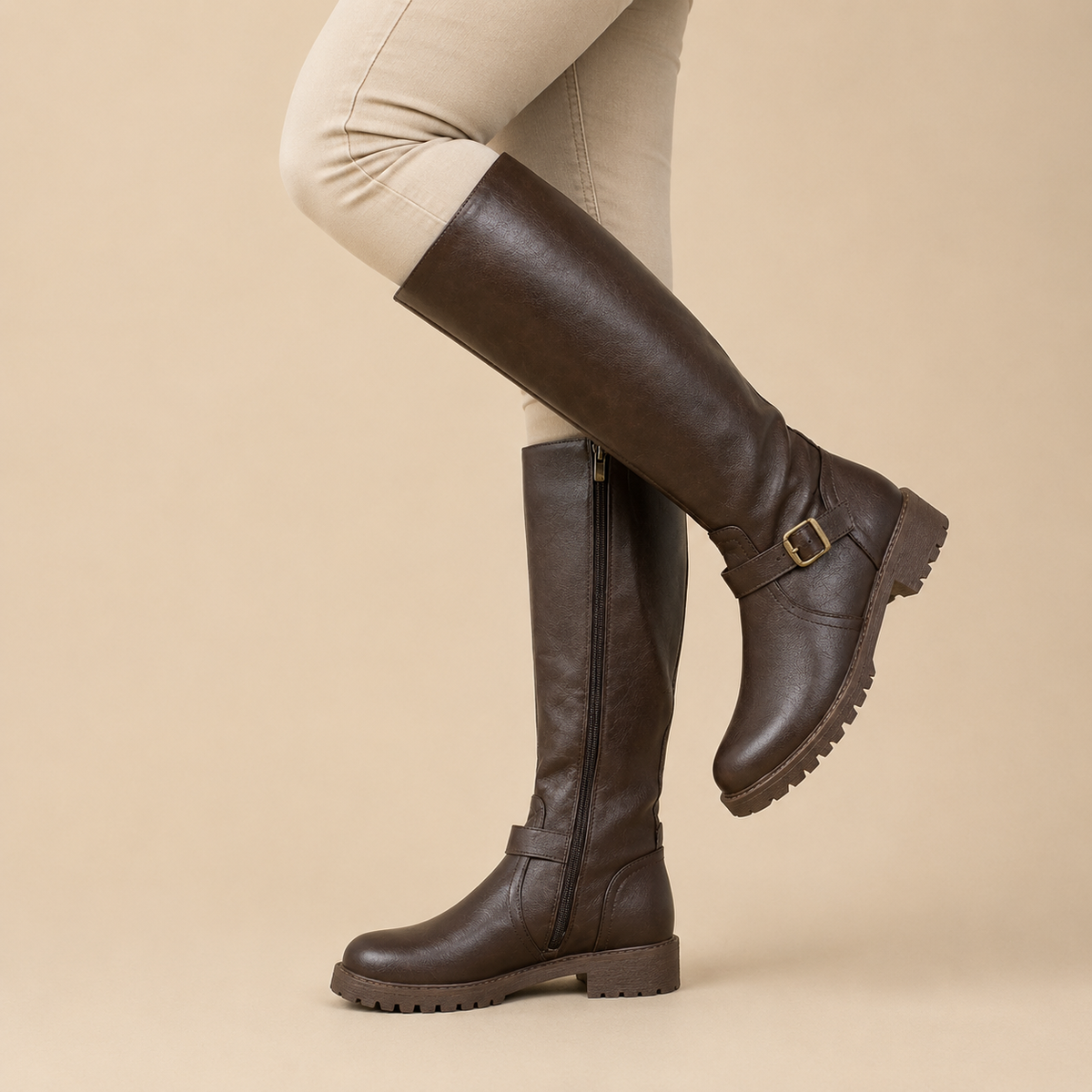 Women's knee high boots with side zips, buckle straps and low block heels