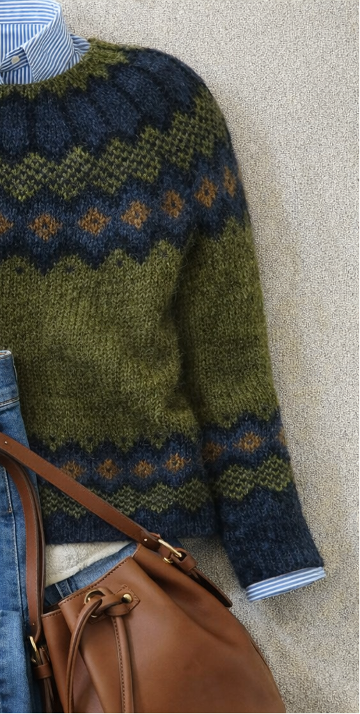 Green Nordic geometric knit jumper with navy and mustard pattern bands