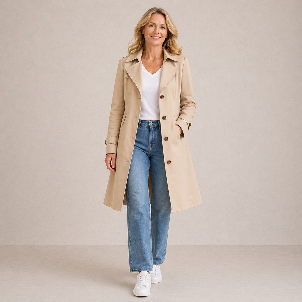 Women's vintage trench coat with notched lapels, long sleeves and button fastening
