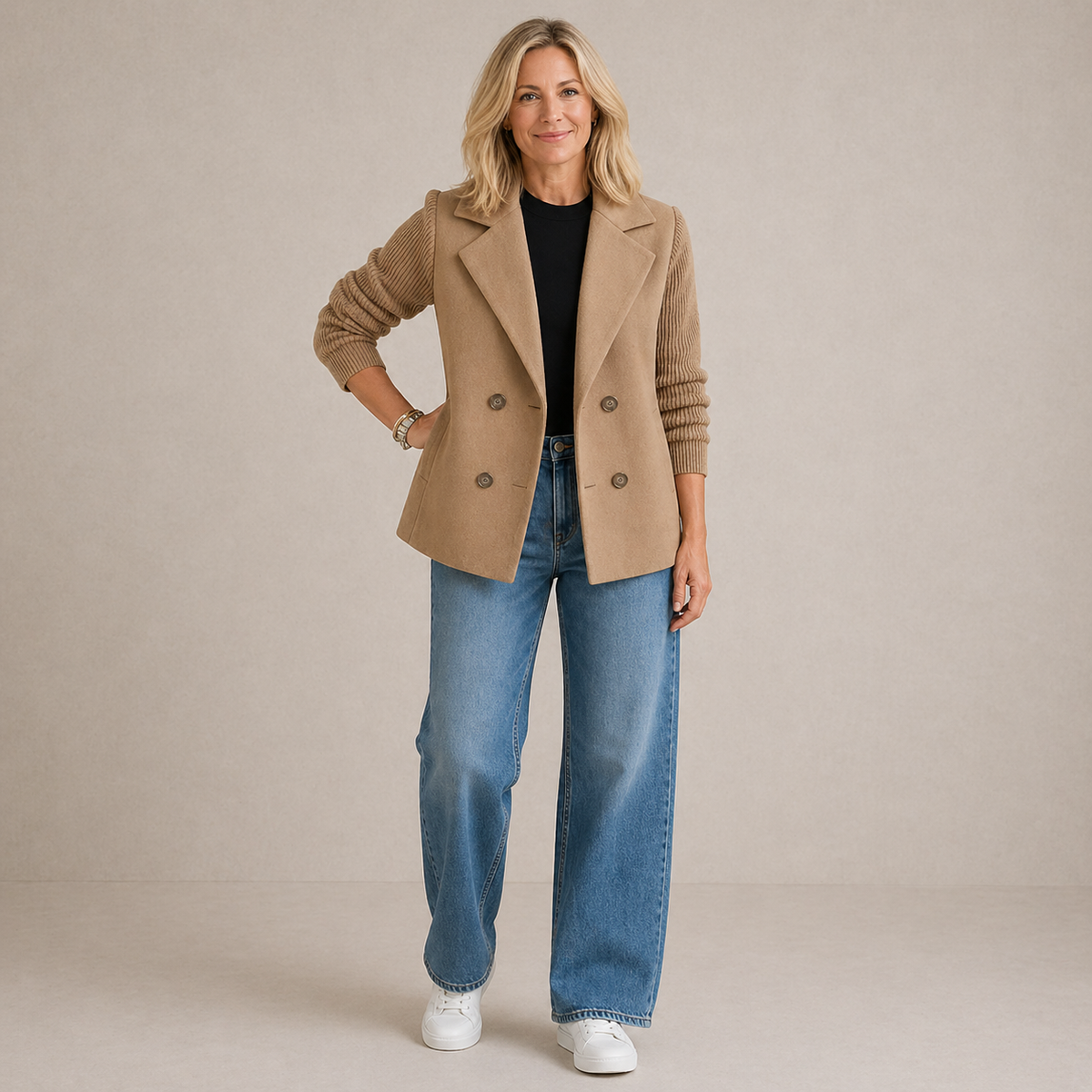 Women's button front blazer with notched lapels and long ribbed sleeves