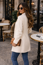 Women's slim-fit long coat with mandarin collar, covered buttons and front pockets