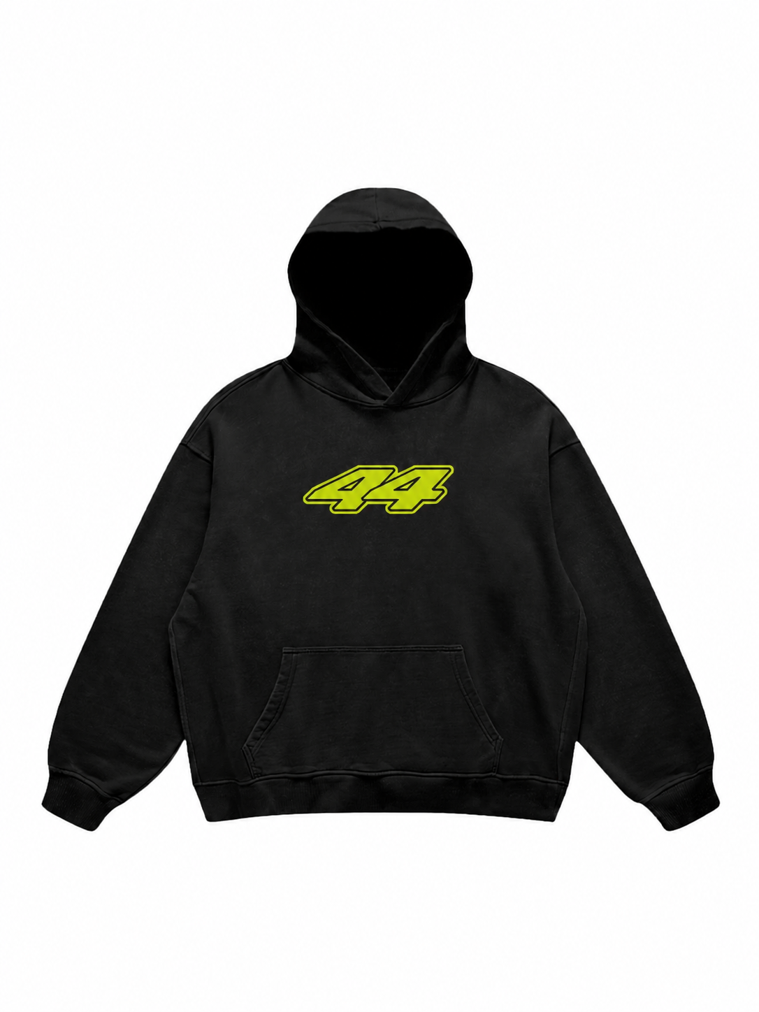 Black hoodie with hood, pouch pocket and contrasting front and back graphic prints
