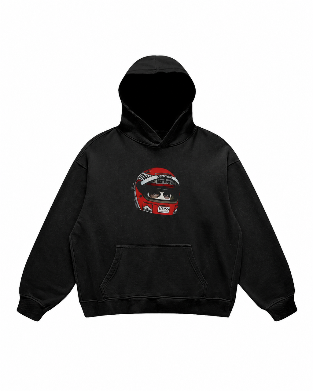 Black hoodie with racing helmet and masked driver graphics