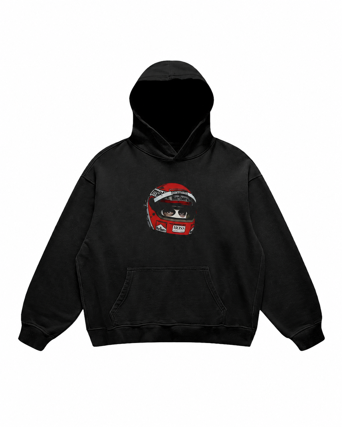 Black hoodie with racing helmet and masked driver graphics