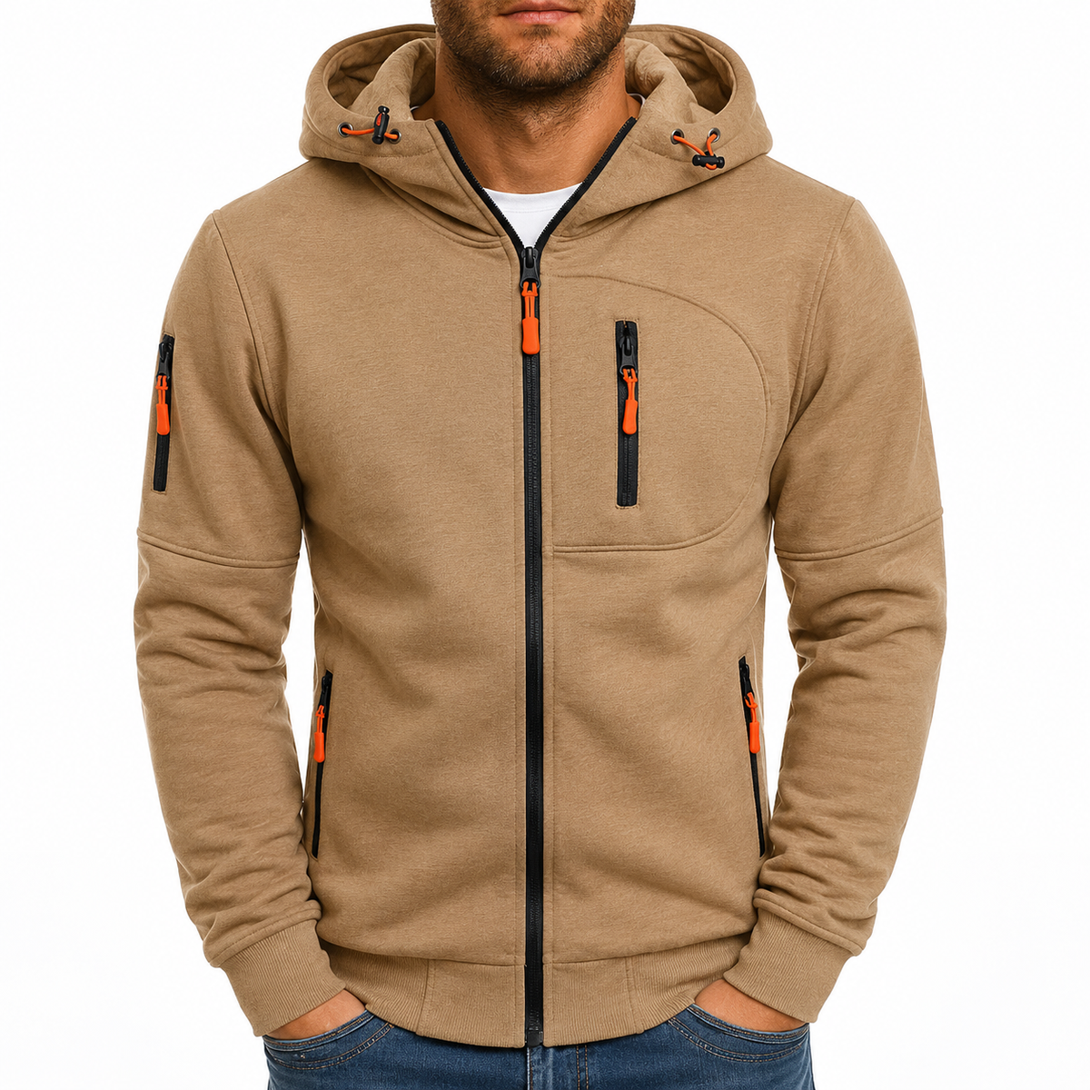 Men's hooded full-zip hoodie with chest and side zip pockets