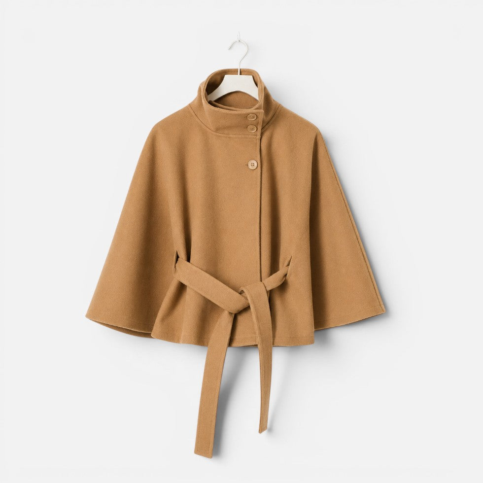 Women's poncho cape coat with stand collar, button front and tie belt