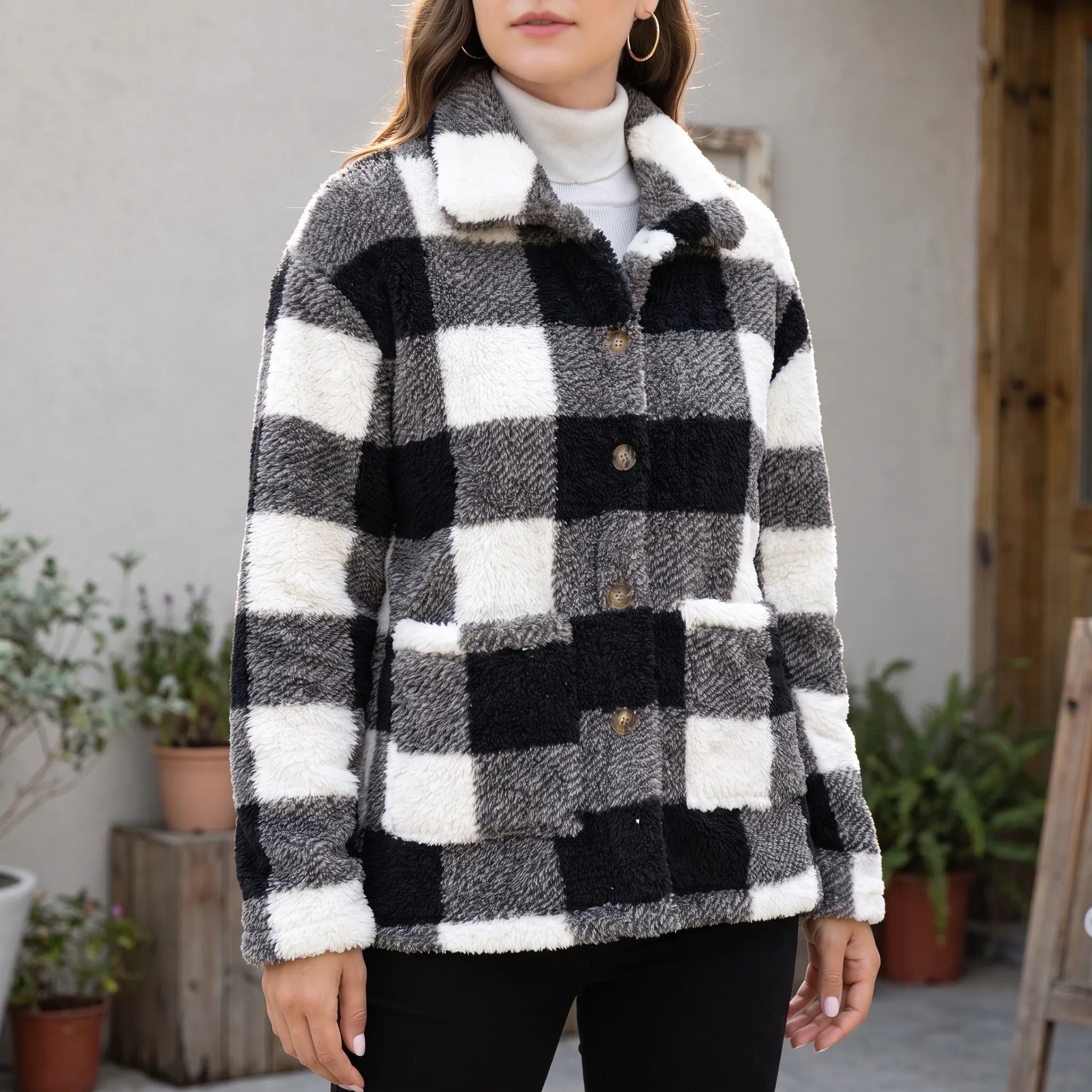 Chexar  - Single-Breasted Plaid Teddy Coat Layering Over Jumpers