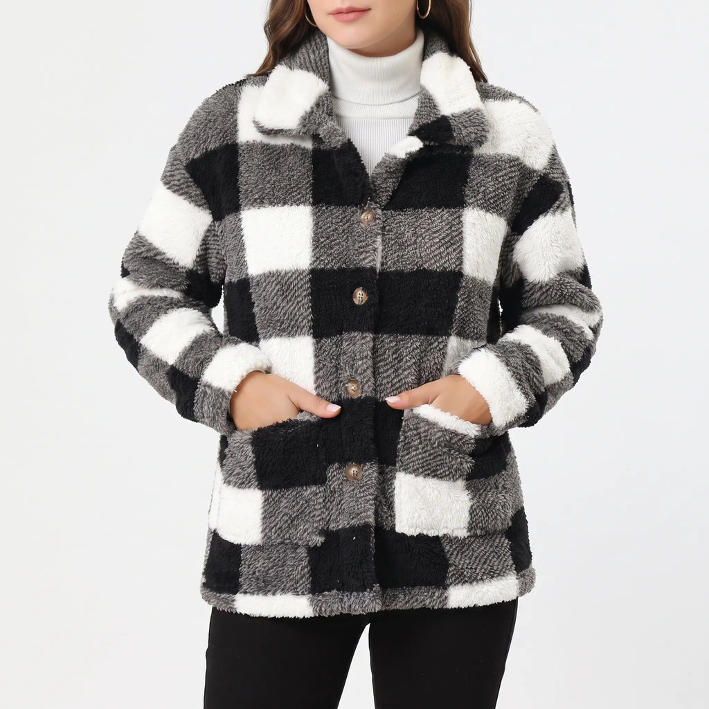 Chexar  - Single-Breasted Plaid Teddy Coat Layering Over Jumpers