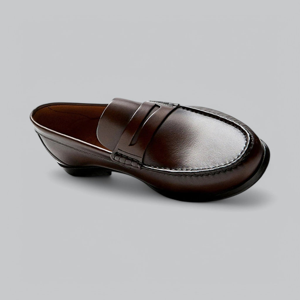 Men's polished penny strap loafers with rounded toes and low heels