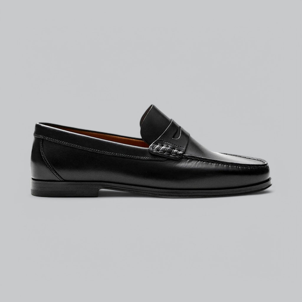Men's polished penny strap loafers with rounded toes and low heels
