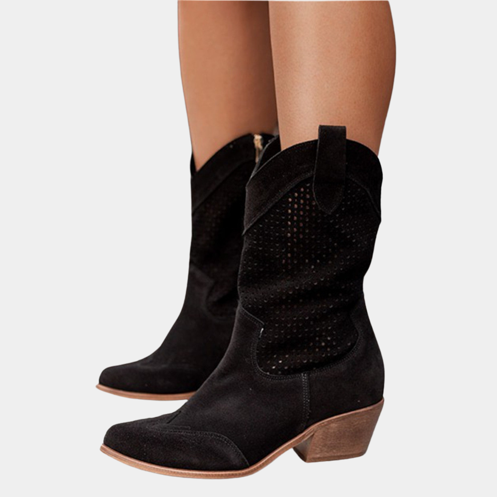 Women's perforated mid-calf cowboy boots with block heels and pointed toes