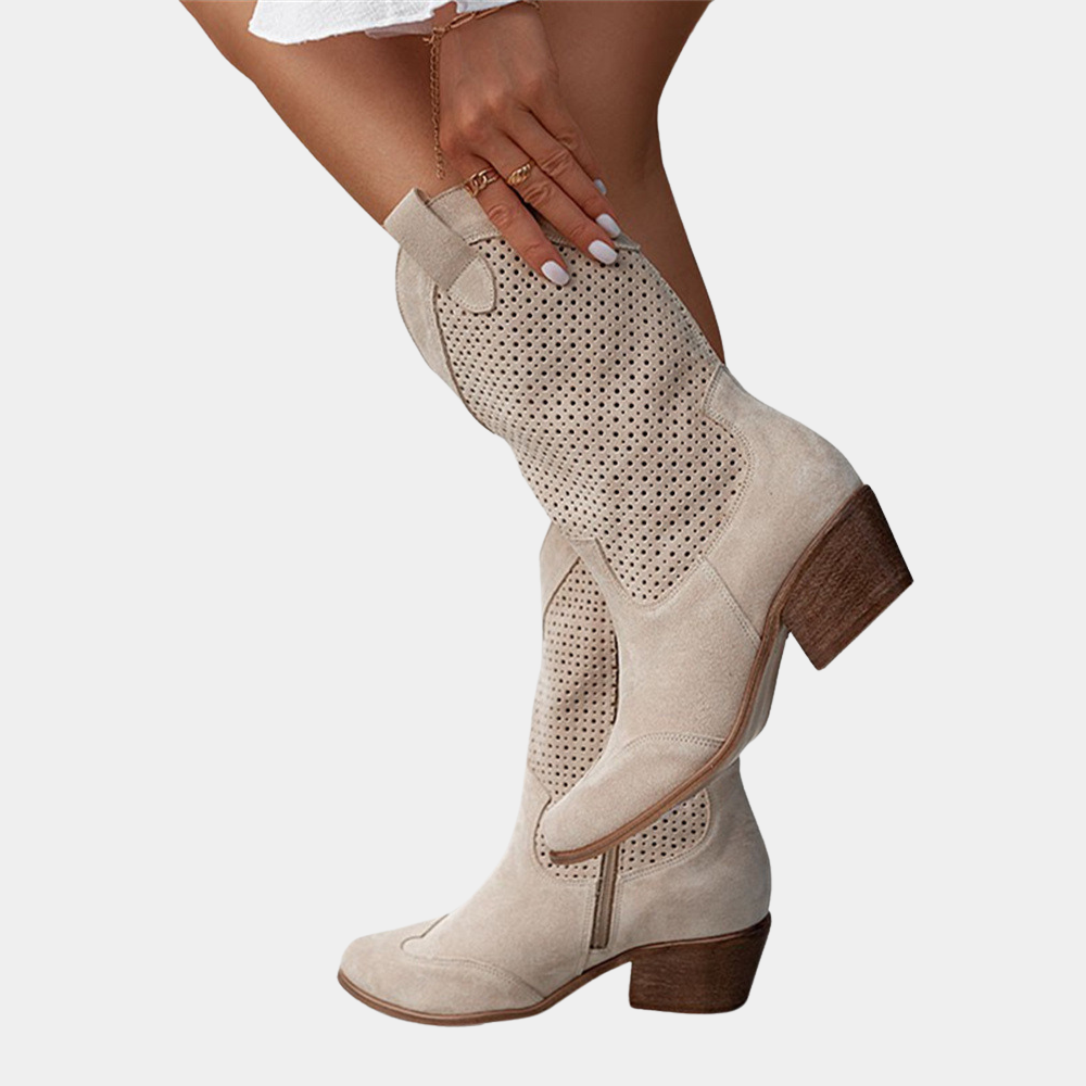 Women's perforated mid-calf cowboy boots with block heels and pointed toes