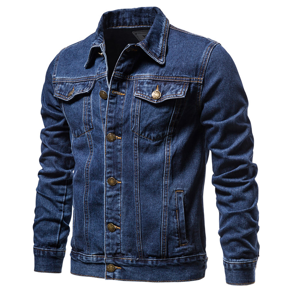 Men's button-front denim jacket with long sleeves and chest pockets