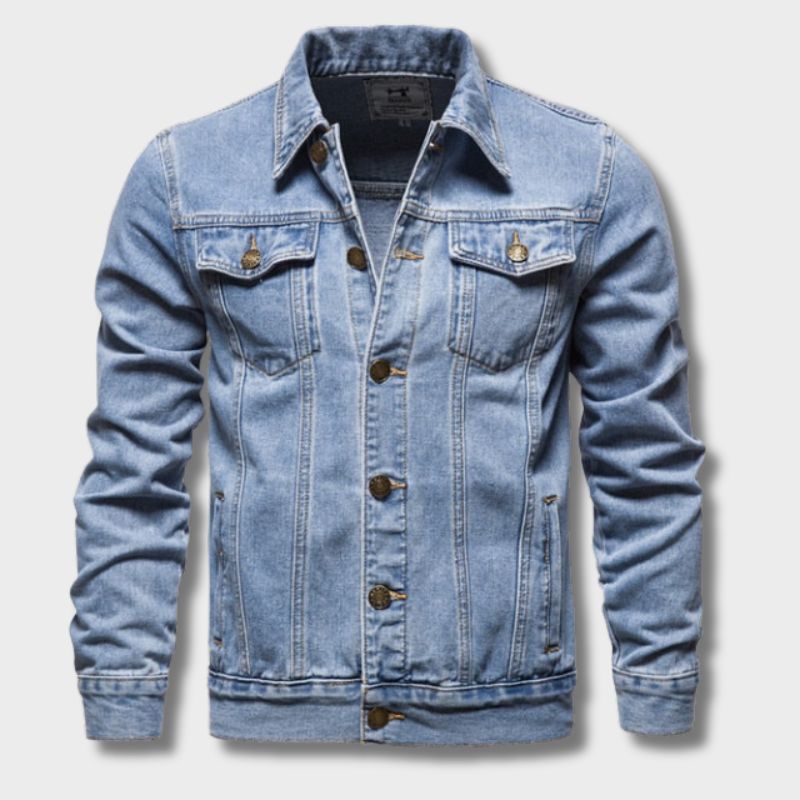 Men's button-front denim jacket with long sleeves and chest pockets