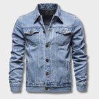 Men's button-front denim jacket with long sleeves and chest pockets