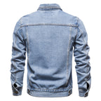 Men's button-front denim jacket with long sleeves and chest pockets