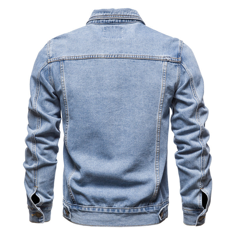Men's button-front denim jacket with long sleeves and chest pockets