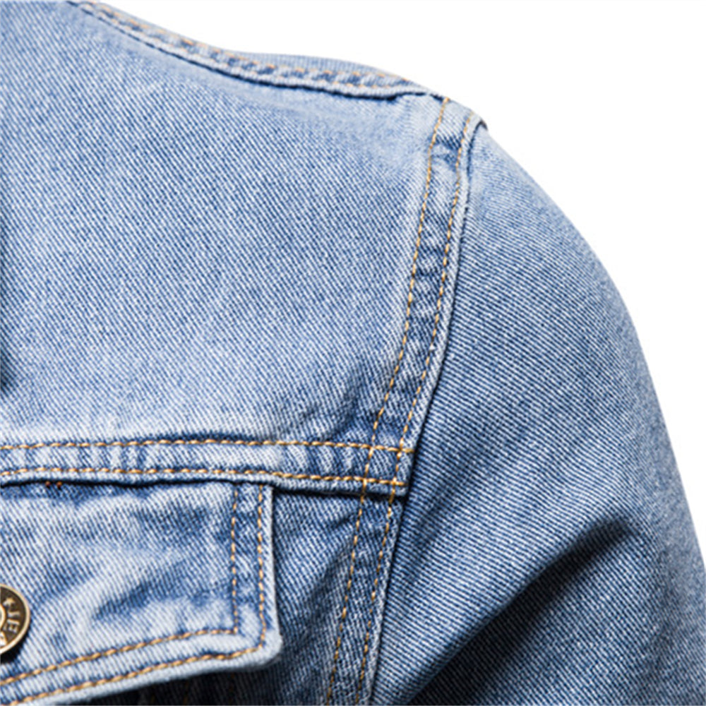 Men's button-front denim jacket with long sleeves and chest pockets