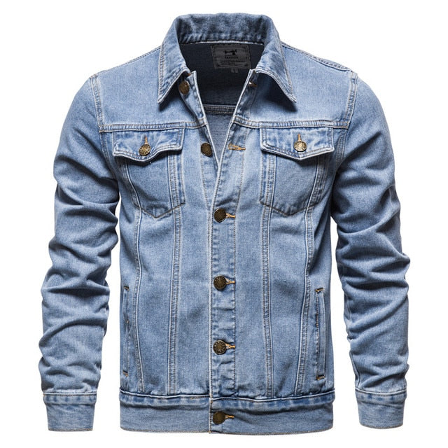 Men's button-front denim jacket with long sleeves and chest pockets