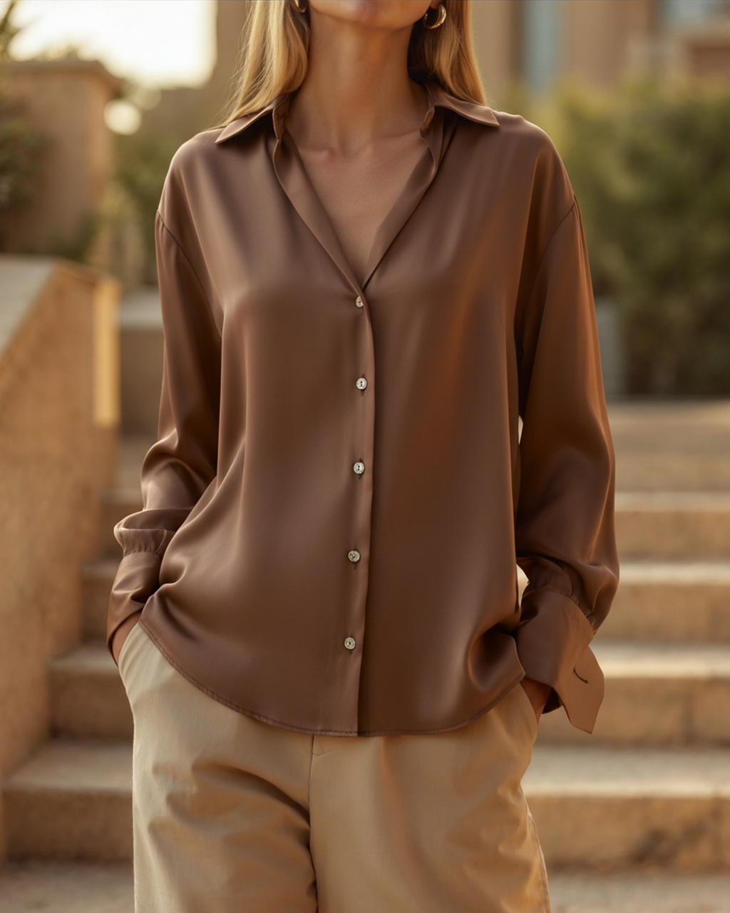 Women's long sleeve collared shirt with button front and wide cuffs