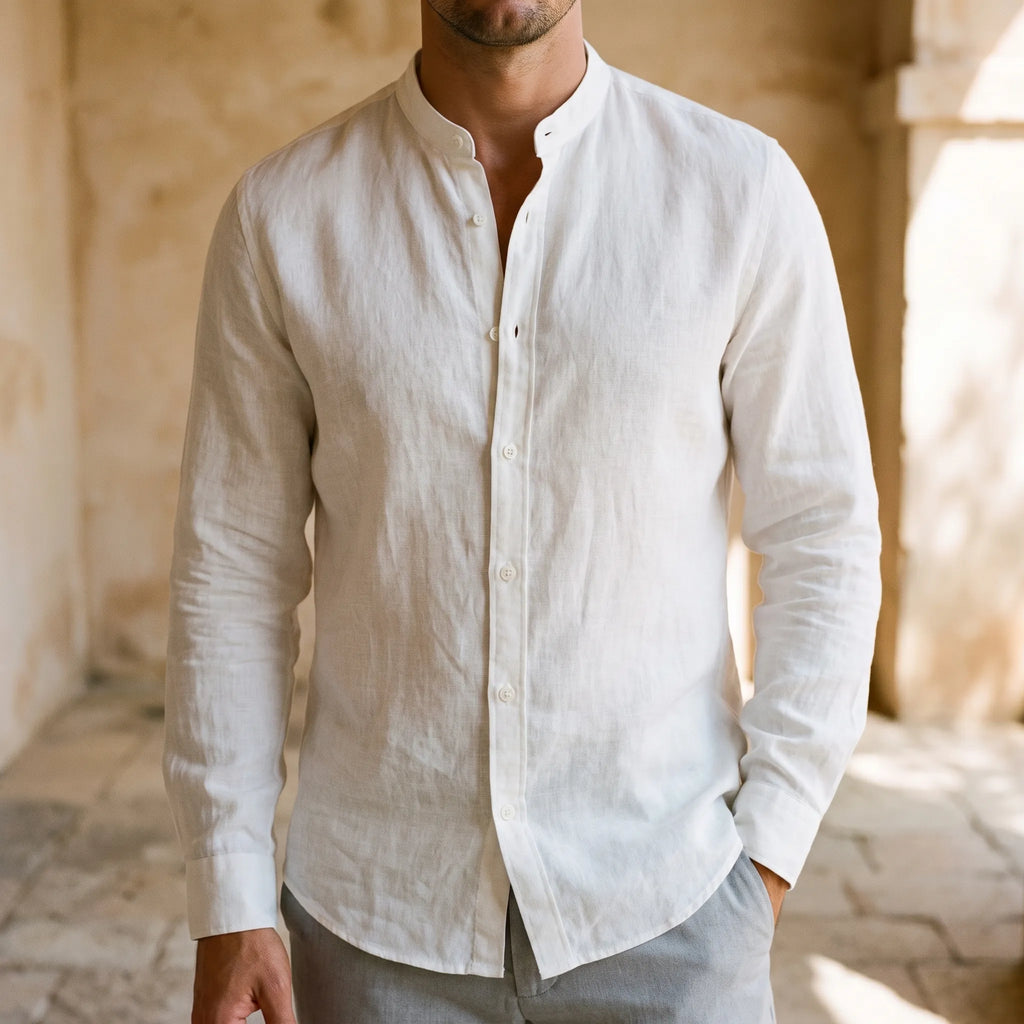 CollarlessShirt  - Grandad Collar Long-Sleeved Shirt Warm Weather Wear
