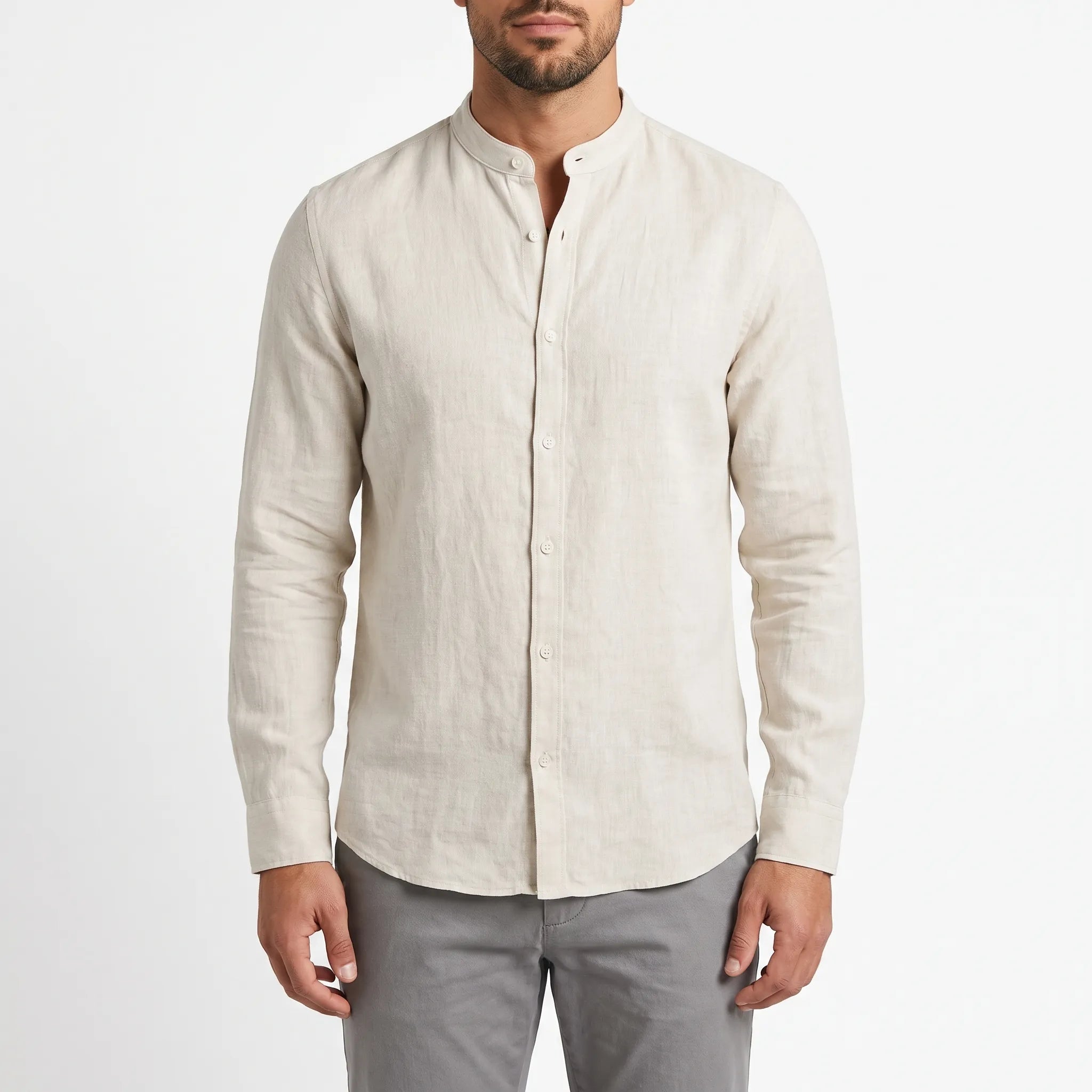 CollarlessShirt  - Grandad Collar Long-Sleeved Shirt Warm Weather Wear