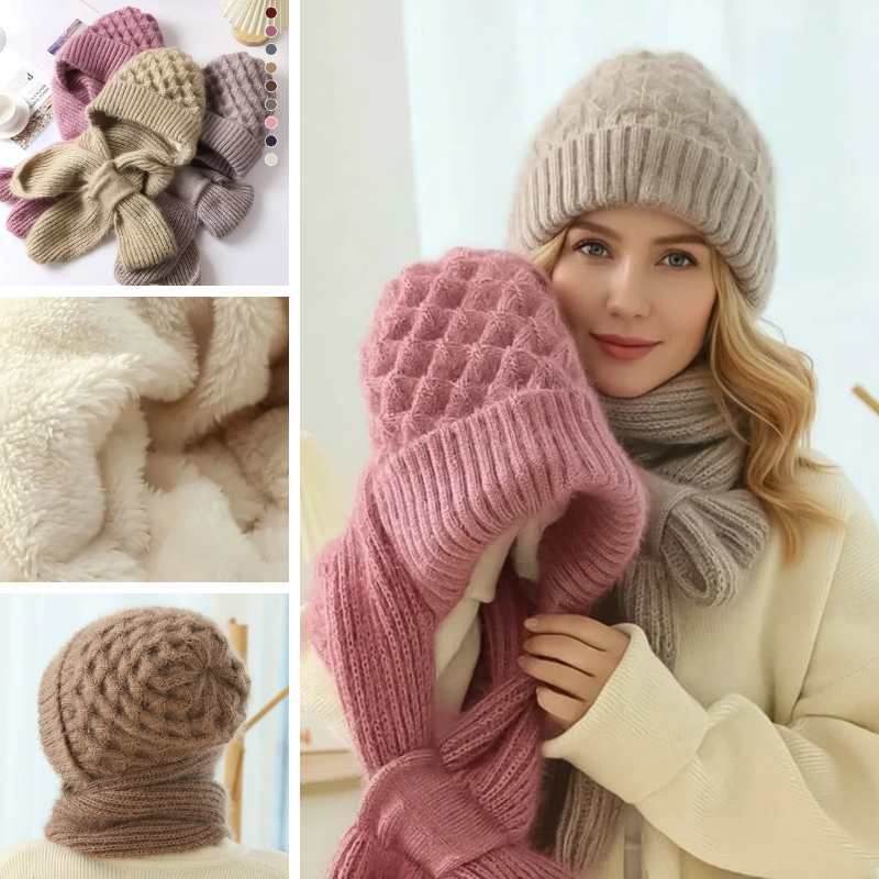 Women's ribbed knitted hat and scarf set with fleece lining