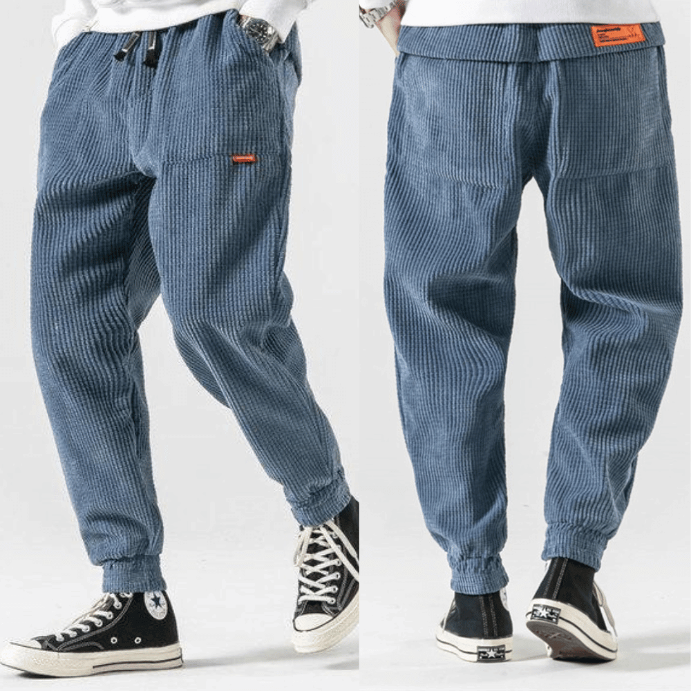 Men's relaxed corduroy jogger trousers with elasticated cuffs and drawstring waist