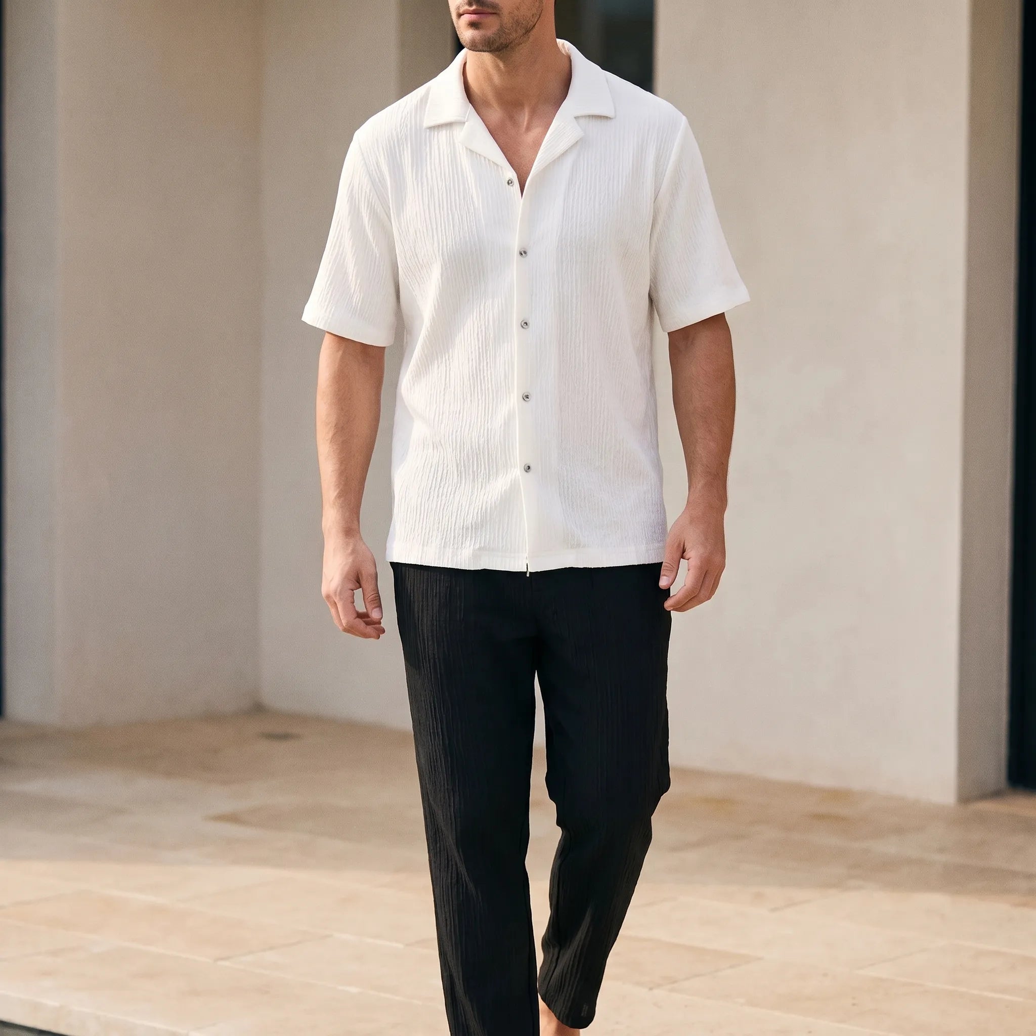 Crinkare  - Textured Short-Sleeve Two-Piece Set Casual Summer Wear
