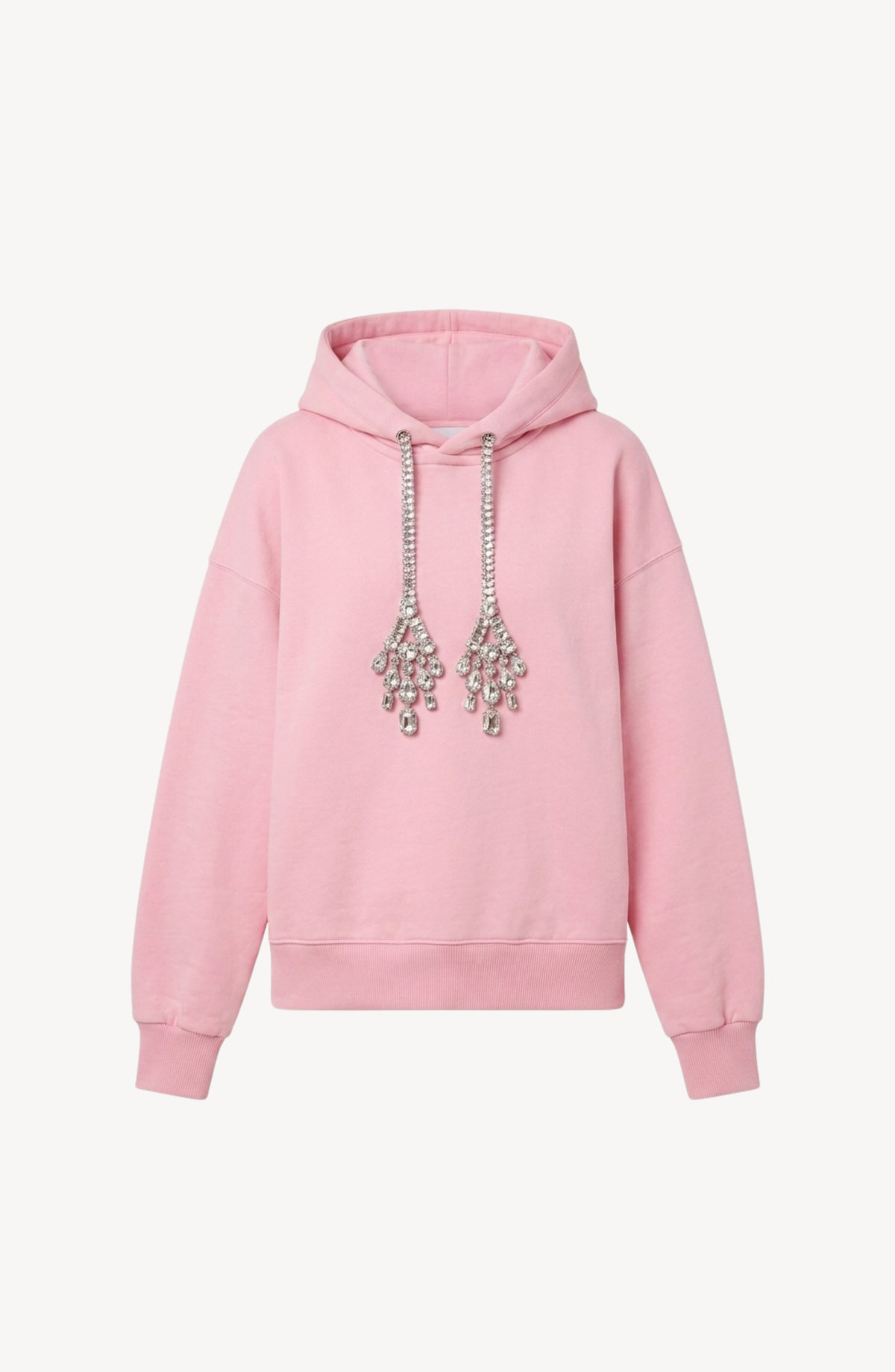 Women's pink hoodie with crystal-embellished drawstrings and long sleeves