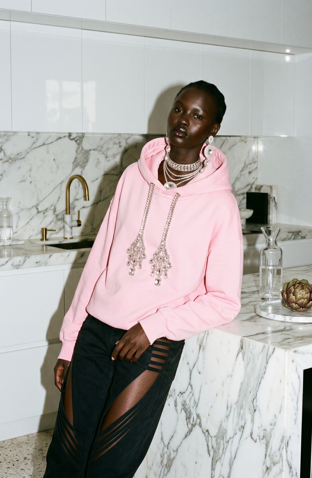 Women's pink hoodie with crystal-embellished drawstrings and long sleeves