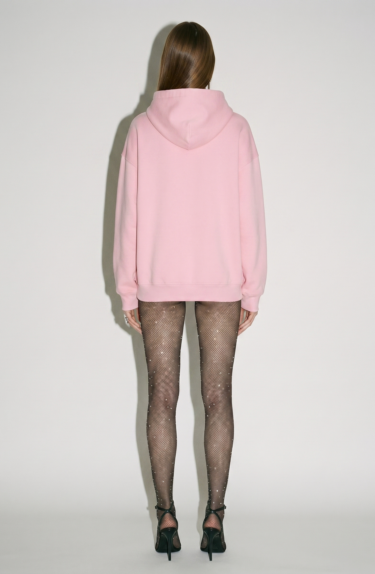 Women's pink hoodie with crystal-embellished drawstrings and long sleeves