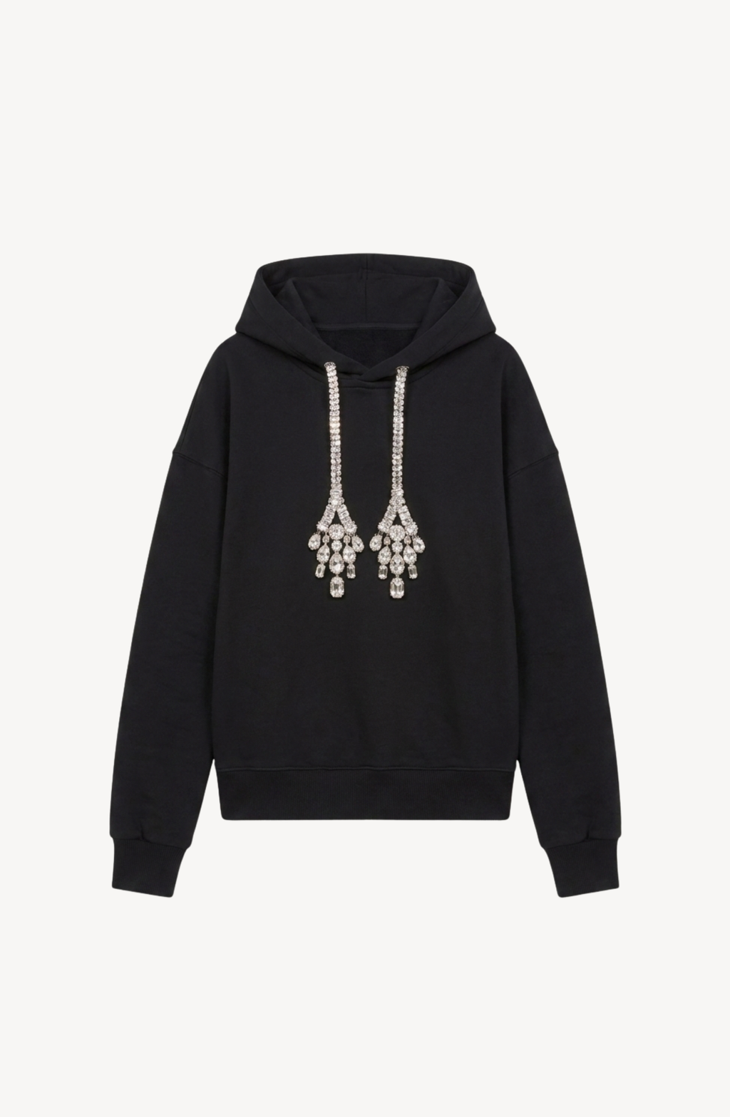 Women's black hoodie with crystal drawstring details and long sleeves