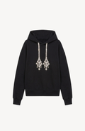 Women's black hoodie with crystal drawstring details and long sleeves